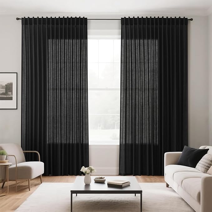 Nanspring Black Curtains 95 Inches Long 2 Panel Set Back Tab Sheer Black Linen Curtain Modern Farmhouse Muslin Look Cotton Textured Gauze Drapes 95 inch Length for Patio Sliding Door Office Bedroom