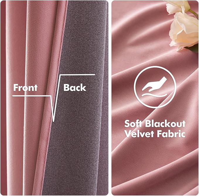 MIULEE Blush Pink Velvet Curtains Thermal Insulated Soundproof Room Darkening Long Blackout Curtains Grommet Window Black Out Drapes for Home Theatre/Girls Room/Wedding Decor 96 Inch Length Set of 2