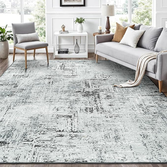 Rugflix 5x7 Washable Area Rugs, Neutral Boho Carpet Living Room Rug Non Slip Stain Resistant, Large Area Rug for Indoor Bedroom Dining Room Office, Blue/Grey