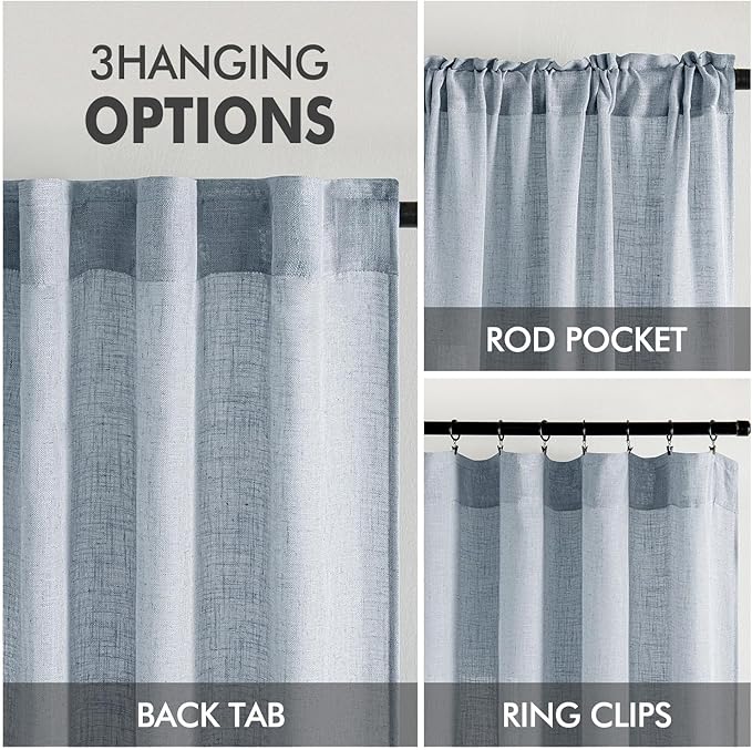 MIULEE Chambray Blue Linen Curtains 72 Inch Length 2 Panels for Bedroom Living Room, Soft Linen Textured Window Drapes Semi Sheer Light Filtering Back Tab Rod Pocket Farmhouse Modern Burlap Look Decor
