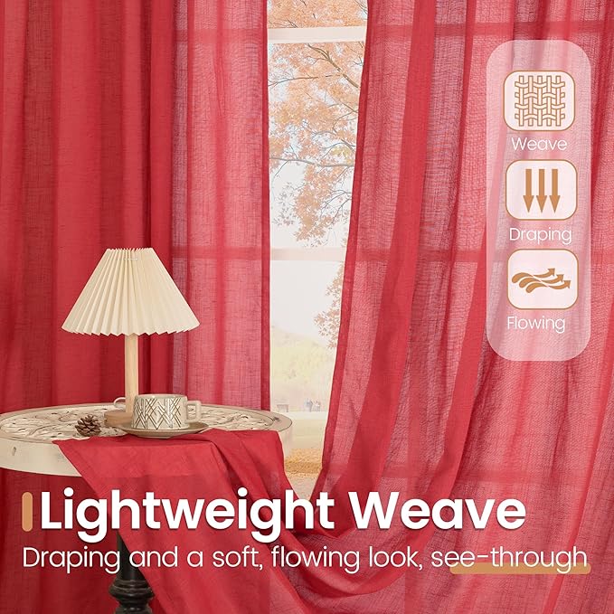 BGment Red Linen Curtains 72 Inches Long for Living Room, Semi Sheer Drapes with Rod Pocket Light Filtering for Bedroom Dining Lightweight, 2 Panels Set, Each 52 Inch Wide