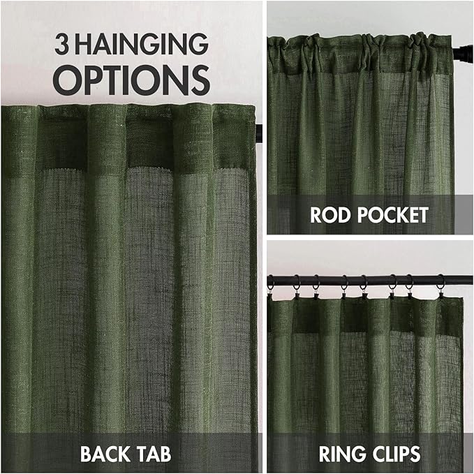 MIULEE Olive Green Linen Curtains 100 Inch Length 2 Panels for Bedroom Living Room, Soft Thick Linen Textured Window Drapes Semi Sheer Light Filtering Back Tab Rod Pocket Burlap Look Decor