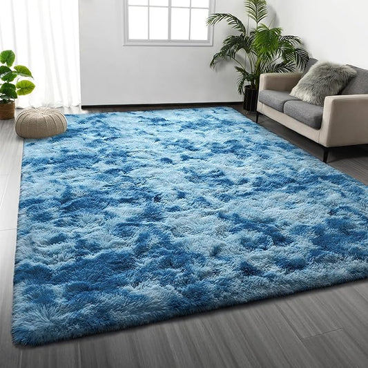 Deerhoo Large Shag Area Rugs 8 x 10, Tie-Dyed Plush Fuzzy Rugs for Living Room, Ultra Soft Fluffy Furry Rug for Bedroom, Indoor Carpet Nursery Rugs for Kids Room Home Decor,Bright Blue