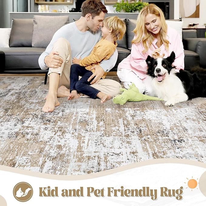 XLUEZ 5x7 Area Rugs for Living Room, Washable Modern Abstract Large Area Rug Neutral Soft Non Slip Kids Rug Stain Resistant Indoor Carpet for Bedroom Nursery Dining Room Playroom(Beige, 5'x7')