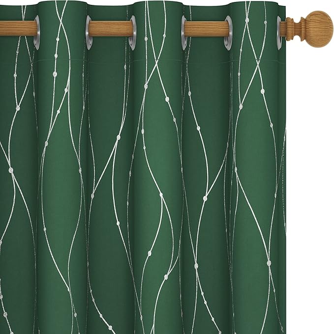 Deconovo Green Curtains, Christmas Blackout Drapes, Thermal Insulated Soundproof Drape, Wave Line Dot Foil Print, 52 x 108 Inch, 2 Panels, Machine‑Washable Window Panel for Living Room Kitchen Nursery