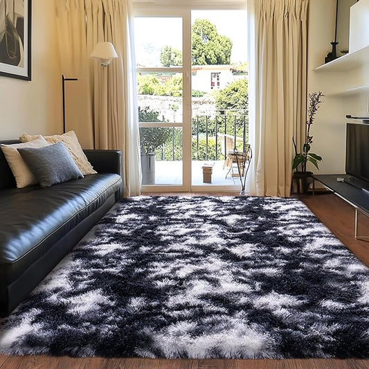 Black and White Rug for Living Room, 9x12 Area Rug for Bedroom, Bedside Indoor Floor Fluffy Shag Carpet, Plush Soft Rug for Boys Girls Kids Room Nursery Dorm Home Decor