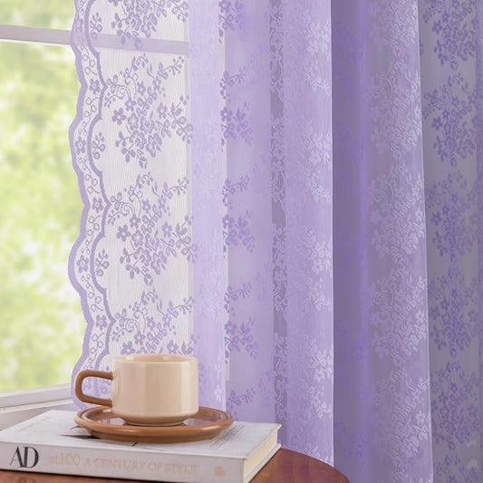 YJ YANJUN Vintage Lace Curtains 96 Inches Long-Victorian Floral Pattern Lavender Sheer Curtain Panels for Living Room Bedroom,Light Filtering, Romantic Girly Drapes 2 Panels 52W x 96L Light Purple