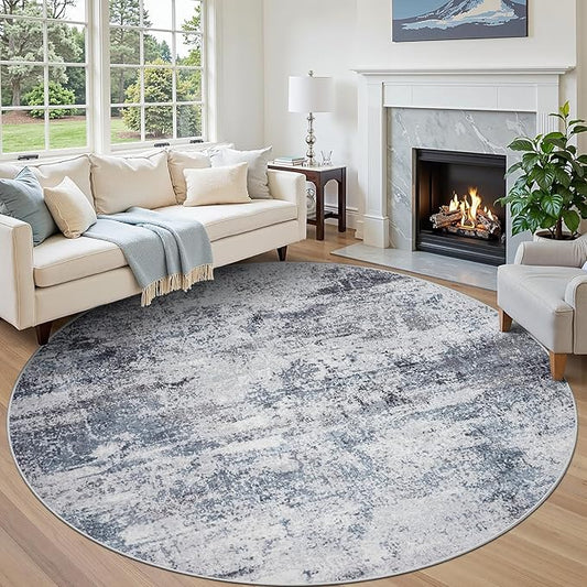 Round Rug 8ft Circle Rug Washable: Carpet Circular Area Rug for Entryway Kitchen Bedroom Dining Room Living Room Large 8 Feet Abstract College Dorm Non Slip Low Pile Blue Grey