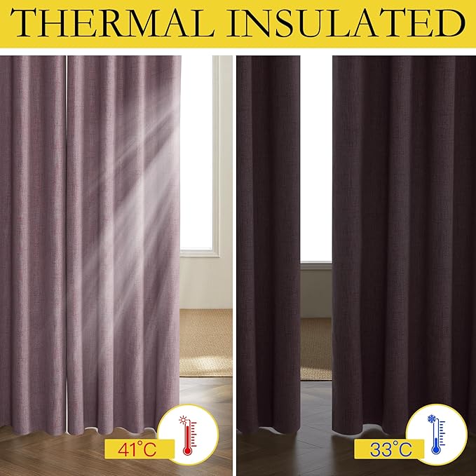 NICETOWN Chaise Mauve Vintage Linen 100% Blackout Curtains for Living Room, Thermal Insulated Curtains 84" Long, Noise Reducing Window Treatment Drapes for Dining Room, 62" Wide Per Panel, Set of 2