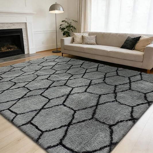 Shag Area Rug for Bedroom 5x8,Fluffy Area Rugs for Living Room,Geometric Soft Fuzzy Rug Non-Shedding Indoor Plush Carpet for Kids Bedroom Nursery Dorm Home Christmas,Grey and Black