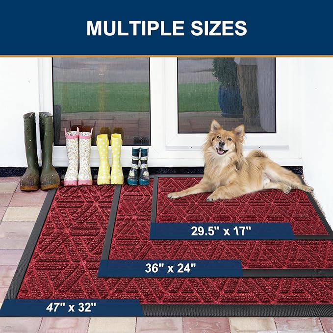 Smiry Front Door Mat Outside Entrance, Heavy Duty Sturdy Natural Rubber Doormat, Trap Dirt and Moisture, Easy Clean Low Profile Mats for Indoor Outdoor Entry, Grid Geometric (47x32, Wine Red)