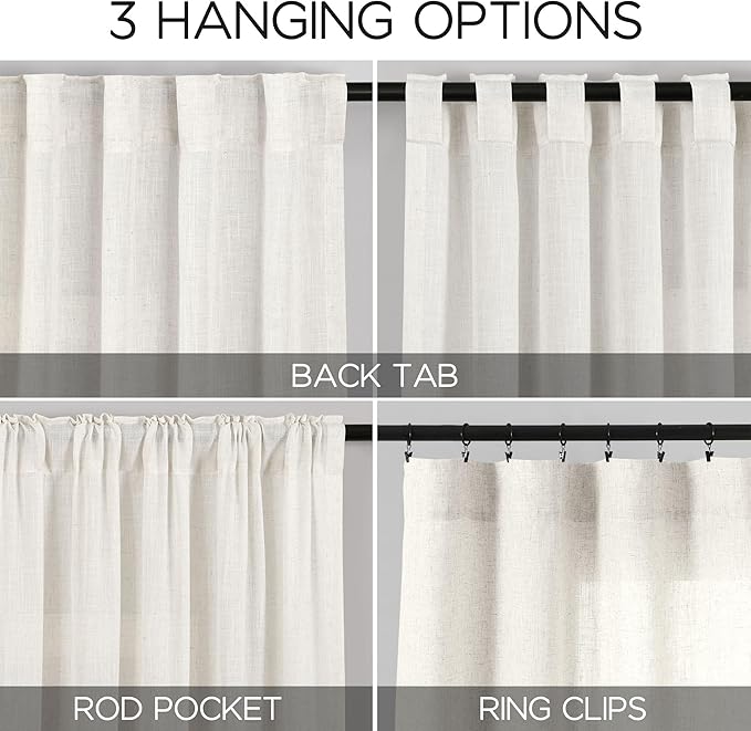 Nanspring Extra Long 112 Inch Long Beige White Linen Curtains Back Tab Neutral Farmhouse Light Filtering Semi Transparent Large Windows Ceiling to Floor for Living Room 2 Pack