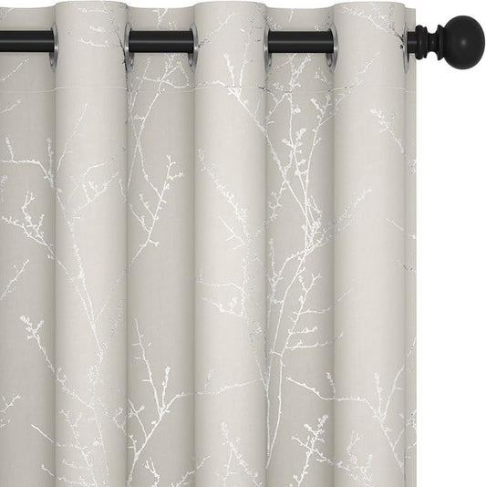Deconovo Living Room Curtains, Room Darkening Curtain, Thermal Insulated Soundproof Drapes, Silver Branch Print, 52 x 72 Inch Long, Machine Washable Window Panels for Bedroom Office Nursery, Set of 2