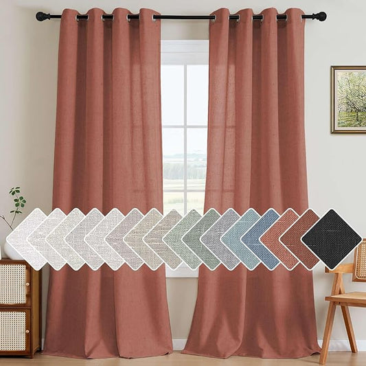 H.VERSAILTEX Living Room Linen Curtains - Semi Sheer, Nickel Grommet, Energy Saving, Light Filtering Window Treatments - Panels for Bedroom, Rust, 2 Panels, 52 x 96 Inch