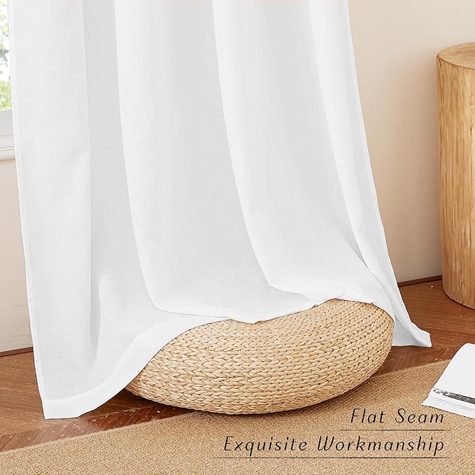 NICETOWN Linen Curtains 96 inches Long for Living Room, Grommet Semi Sheer Drapes Linen Weave Window Treatments Privacy Added with Light Filtering for Bedroom, White, W34 x L96, 2 Panels