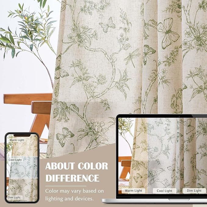 jinchan Floral Curtains Lined Linen Blend Curtain for Living Room 84 Inch Length Sage Green Farmhouse Flower Patterned Curtain French Country Curtains Drapes Back Tab Rod Pocket 2 Panels