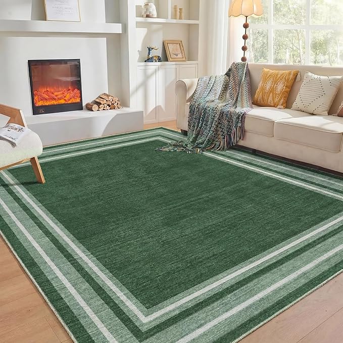 OPPODREAM Border Soft Area Rugs 6x9, Washable Green Rug with Non Slip Backing, 6 x 9 Faux Cashmere Low-Pile 6x9 Carpet