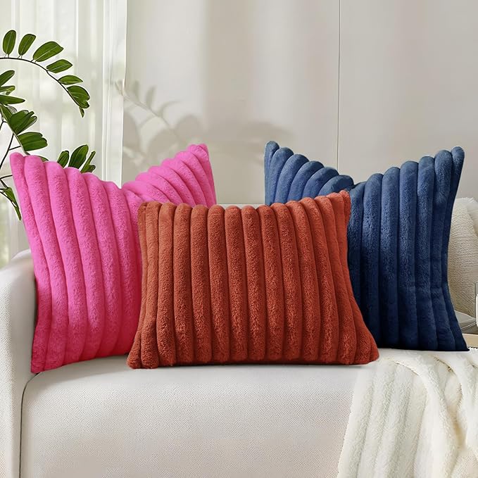 decorUhome Cozy Faux Fur Throw Pillow Covers 20x20 Set of 2 Decorative Soft Plush Striped Modern Farmhouse Boho Couch Pillow Cases with Velvet Back for Sofa Bed Living Room, Blue