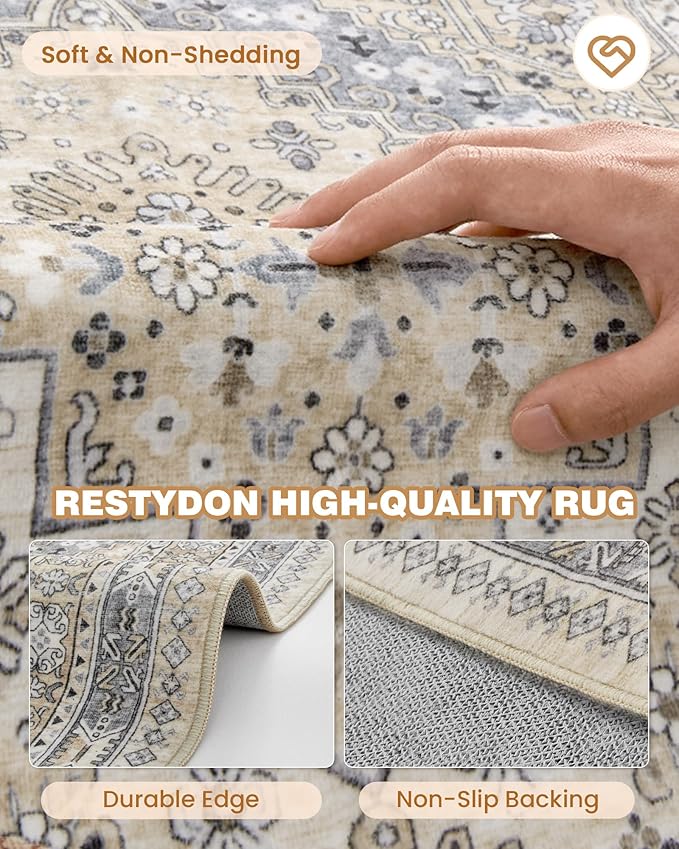 4x6 Area Rugs for Living Room, Non-Slip Backing Small Kids Rugs for Bedroom, Vintage Floral Rug Home Decor, Low Pile Soft Washable Rug for Kitchen, Dining Room (Beige,4'x6')