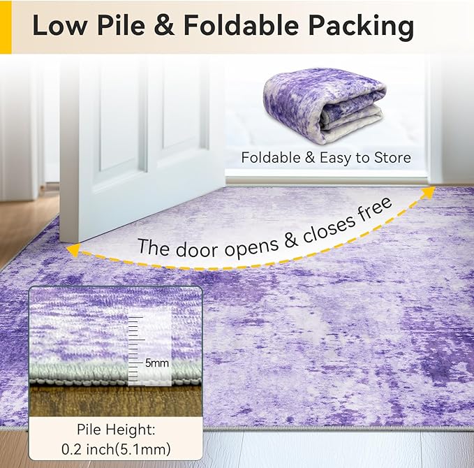 Washable Area Rugs 6'x8' Non-Slip Modern Abstract Soft for Living Room Entryway Bedroom Nursery, Print Pattern, Purple Gray Pink White