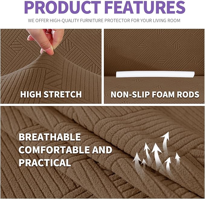 ZNSAYOTX Super Stretch Loveseat Covers (57"-70"), New Striped Love Seat Slipcover, Dogs Pet Friendly Anti-Slip Couch Protector Spandex Durable 2 Seater Fabric Sofa Cover (Light Coffee, Loveseat)