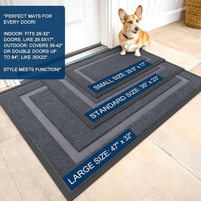 OLANLY Front Door Mat Indoor Outdoor Entrance, Waterproof All-Season, All-Weather Doormat, Sturdy Natural Rubber, Fade Resistant, Low Profile, Easy Clean Patio Porch Entryway Mat, 29.5x17, Light Grey