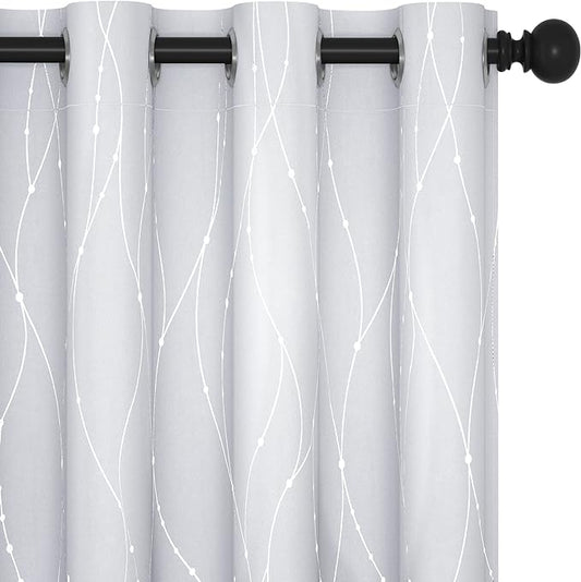 Deconovo Bedroom Curtains, Room Darkening Drapes, Thermal Insulated Soundproof Panel, Silver Wave Dot Print, 52 x 72 Inch, Machine Washable Window Panels for Living Room Home, Set of 2, Greyish White