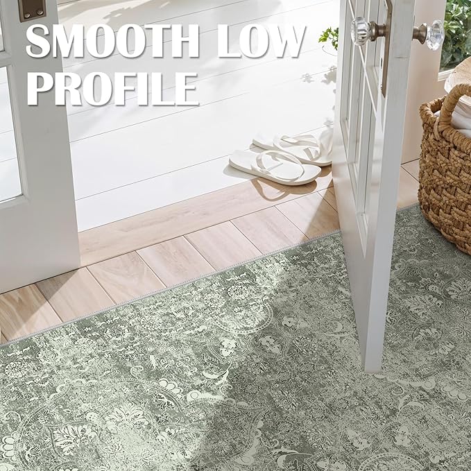 2x3 Entryway Area Rug Washable - Neutral Small Entry Rug Kitchen Rug Runner Vintage Soft Floor Mat Non Slip Indoor Farmhouse Carpet for Bedroom Bathroom Living Room (Muted Sage Green)