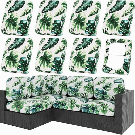 hyha 8Pcs Patio Cushion Covers, Stretch Outdoor Couch Cushion Covers, Washable Outdoor Chair/Sofa Slipcovers for Patio Furniture Cushions Protector with Elastic Bottom(Monstera Deliciosa,Cover Only)