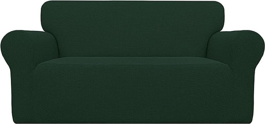 Easy-Going Stretch Loveseat Slipcover 1-Piece Sofa Cover Furniture Protector Couch Soft with Elastic Bottom for Kids Polyester Spandex Jacquard Fabric Small Checks (Loveseat, Dark Green)