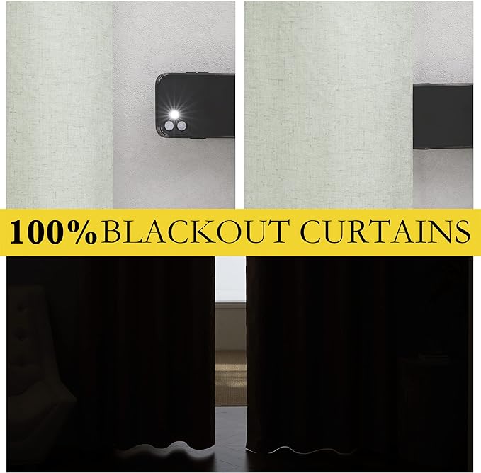 NICETOWN Sage Green Blackout Linen Curtains 95 inches Long, 2 Pieces, 52" Wide Each Panel, Bronze Grommet Full Light Blocking Drapes with White Thermal Insulated Coating for Nursery, Hall, Villa
