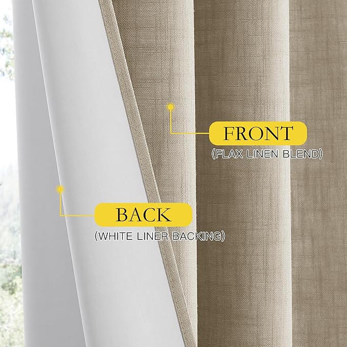 NICETOWN Taupe 100% Blackout Linen Curtains 102 inch Long Burg, Farmhouse Thick Completely Blackout Window Treatment Panels Thermal Insulated Drapes for Living Room (1 Pair, 52" Width Each Panel)