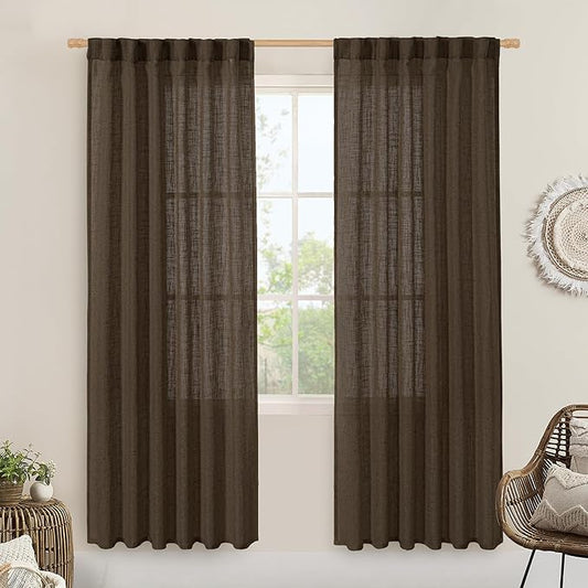 LAMIT Dark Brown 78 inch Linen Curtains for Living Room 2 Panels, Linen Textured Light Filtering Semi Sheer Back Tab and Rod Pocket Curtain Panels for Bedroom/Farmhouse, 52 x 78 Inch