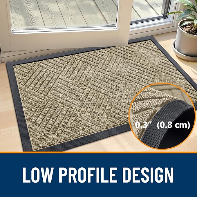 OLANLY Front Door Mat Outside Entrance 47x17, Absorbent, Heavy Duty Sturdy Natural Rubber Doormat Indoor Outdoor, Stain and Fade Resistant, Non-Slip Low Profile Floor Mat for Entryway, Beige Diamond