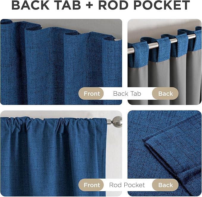 Joydeco Linen Blackout Curtains for Bedroom - 100% Light Blocking 1 Panels, Navy Blue Drapes 100" W x 108" L, Thermal Insulated Room Darkening Curtains for Living Room, Rod Pocket & Back Tabs