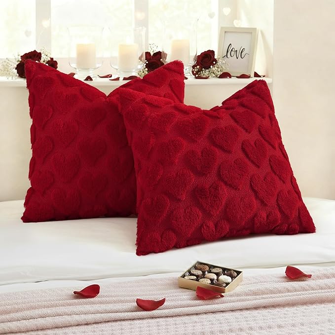 decorUhome Valentine’s Day Soft Plush Throw Pillow Covers 18x18 Inch Set of 2, Faux Fur Red Heart Decoration Neutral Square Pillow Covers for Couch Sofa Bed Cozy Farmhouse Holiday Decor