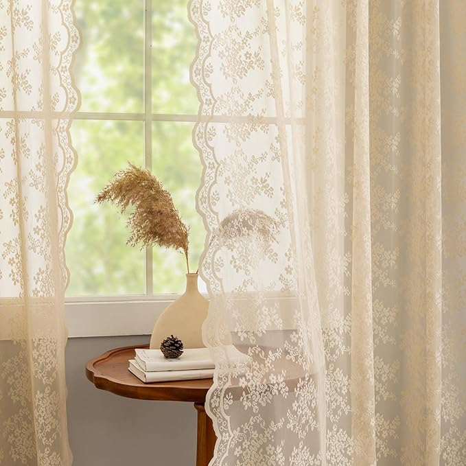 YJ YANJUN Vintage Lace Curtains 84 Inches Long-Retro Floral Beige Sheer Curtain Panels for Living Room Bedroom Shabby Chic Crochet Drapes Grandma Core Decor Light Filtering Pair W52 X L84 Light Beige