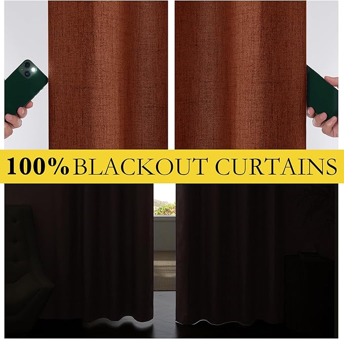 NICETOWN 100% Absolutely Blackout Linen Curtains with Thermal Insulated Liner, 42" Wide, 2 Panels, 45" Long Drapes, Grommet Retro Burnt Orange Linen Curtains Vertical Drapes Privacy for Kitchen