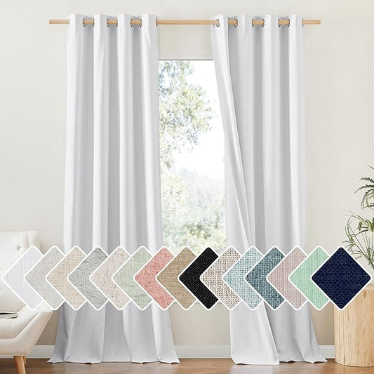 NICETOWN 100% Absolutely Blackout Linen Curtains with Thermal Insulated White Liner, White, 52 inches Wide, 102 inches Length Energy Saving Curtains for Living Room 2 Panels Set, Vertical Blinds