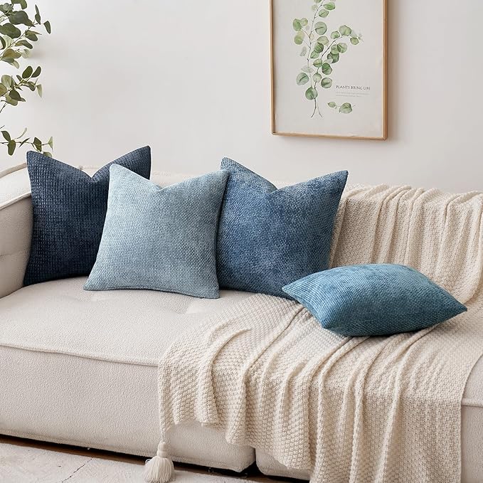 MIULEE Pack of 2 Couch Throw Pillow Covers 16x16 Inch Coastal Smoke Blue Modern Boho Accent Decorative Pillow Covers Soft Chenille Farmhouse Cushion Covers for Home Decor Bed Sofa Living Room