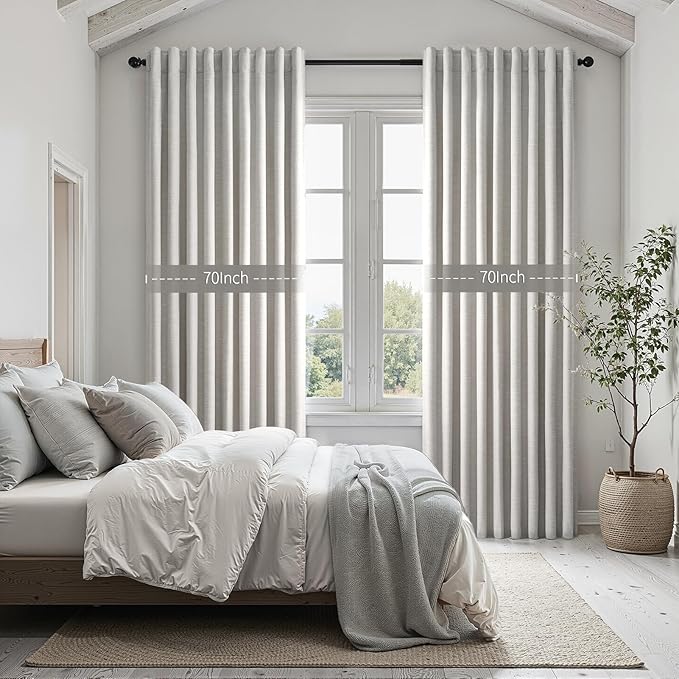 Linen Blackout Curtains 70 Inches Extra Wide 84 Inch Long for Living Room Grey Beige Room Darkening Back Tab Pleated Drapes for Bedroom Winter Thick Window Energy Efficient 70"W x 84"L 2 Panels