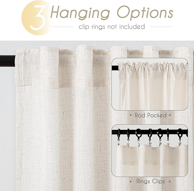 Cream Linen Curtains 72 inch Long 2 Panel Set for Living Room Back Tab Rod Pocket Semi Sheer Light Filtering Bedroom Window Curtain 72 inch Length Modern Farmhouse Neutral Ivory Linen Drapes 42x72