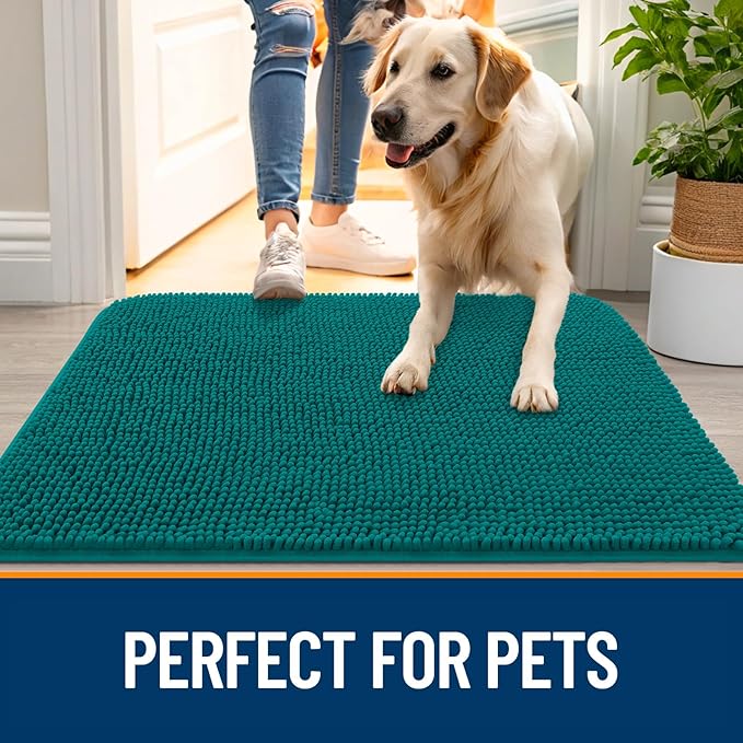 OLANLY Dog Door Mat for Muddy Paws 59x32, Absorbs Moisture and Dirt, Absorbent Non-Slip Washable Doormat, Quick Dry Chenille Mud Mat for Dogs, Entry Indoor Entryway Carpet for Inside Floor, Lake Blue