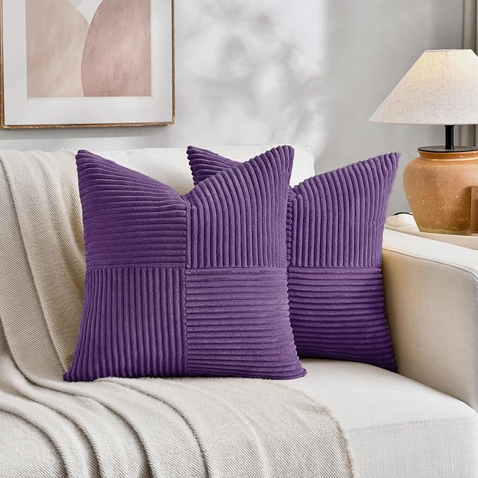 Fancy Homi 2 Packs Purple Samll Decorative Throw Pillow Covers 14x14 Inch with for Couch Bed Sofa, Rustic Farmhouse Boho Home Decor, Soft Corss Patchwork Corduroy Square Cushion Case 35x35 cm