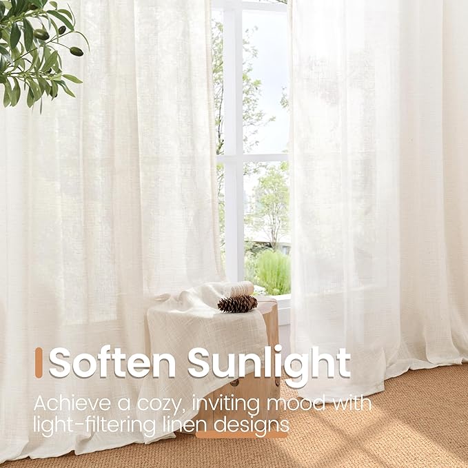 BGment Short Linen Curtains 54 Inch Length for Living Room - Rod Pocket Light Filtering Drapes Semi Sheer Textured for Bedroom Country Decorative Lightweight Natural Rustic, 2 Panels Set, 42 X 54 Inch