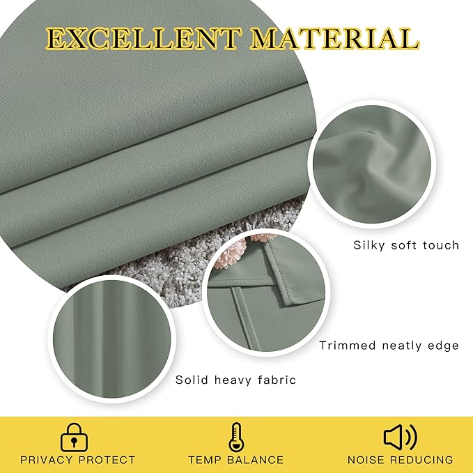 NICETOWN Blackout Sage Green Curtains for Cafe 36 inch Length, Grommet Room Darkening Sound Reducing Solid Window Treatments, W52 x L36, 2 Panels