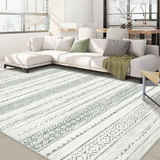 Nakagishi Green Rug Living Room 6x9: Washable Boho Large Neutral Farmhouse Soft Area Rugs Modern Stain Resistant Moroccan Indoor Non-Slip Floor Carpet for Bedroom Nursery Playroom Office Dining Room