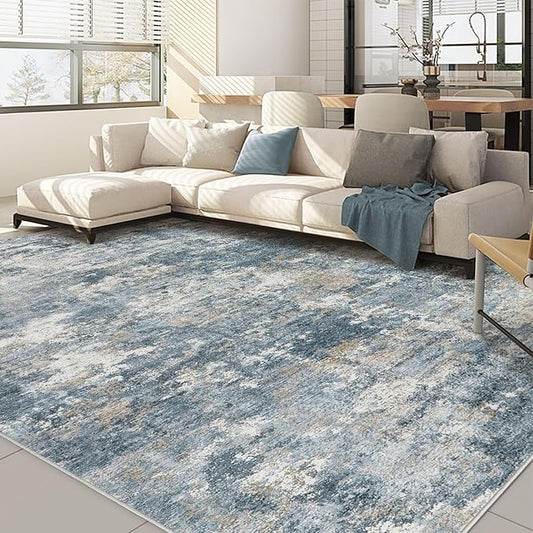 Nakagishi 8x10 Area Rugs Living Room: Washable Abstract Large Neutral Soft Rug Stain Resistant Modern Indoor Floor Non-Slip Carpet for Bedroom Nursery Kids Playroom Office Dining Room Dorm-Blue Brown