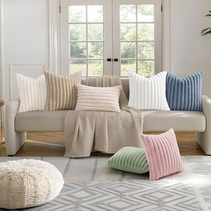 decorUhome Summer Cozy Faux Fur Throw Pillow Covers 18x18 Set of 2 Decorative Soft Plush Striped Modern Farmhouse Boho Couch Pillow Cases with Velvet Back for Sofa Bed Living Room, Beige