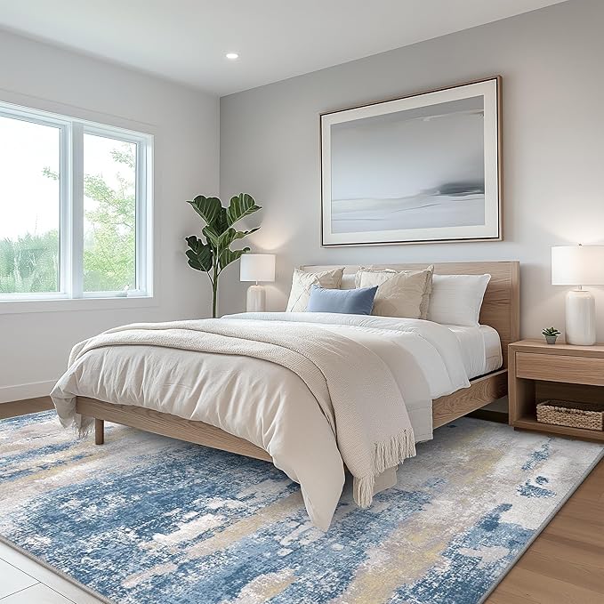 Area Rugs 10x14 for Living Room Bedroom, Modern Abstract Machine Washable Large Blue Cream Rug, Soft Low Pile Floor Carpet with Non Slip Backing for Dining Room